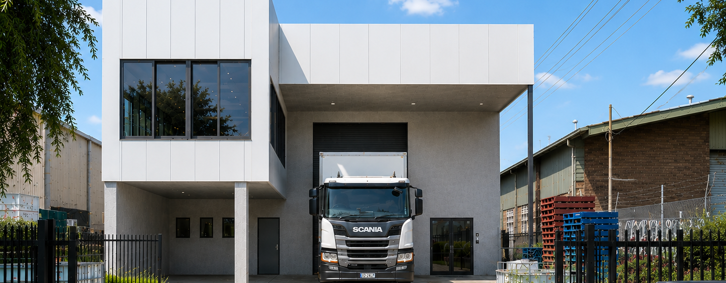 Completed exterior of The Reframed Warehouse in Silverwater showing the refurbished commercial façade and warehouse loading entry.