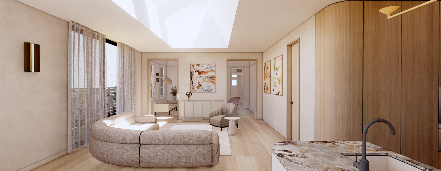 Proposed open-plan living area with a large skylight and curved timber cabinetry.