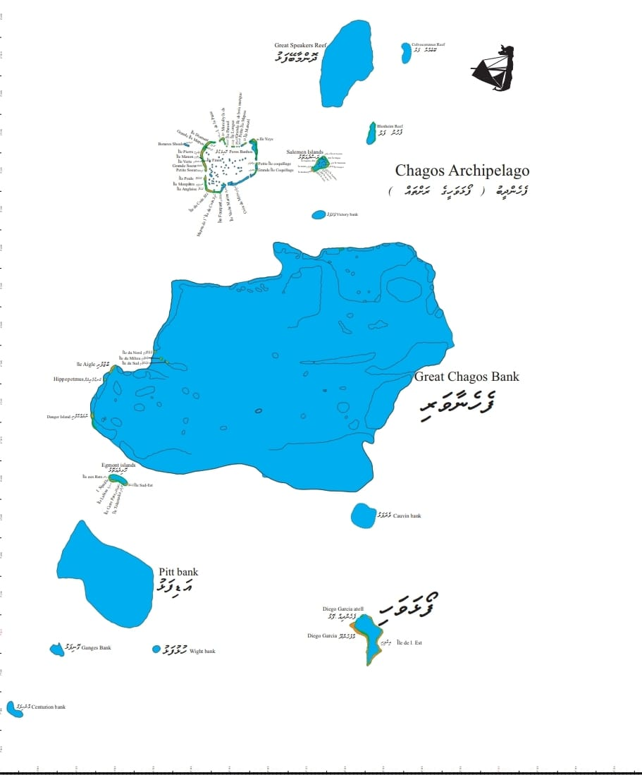 Map of the Chagos Archipelago  Dhivehi, map showcasing key features such as the Great Chagos Bank, Fehenaavari, various reefs, and islands including Foalhavahi Atoll , Diego Garcia.