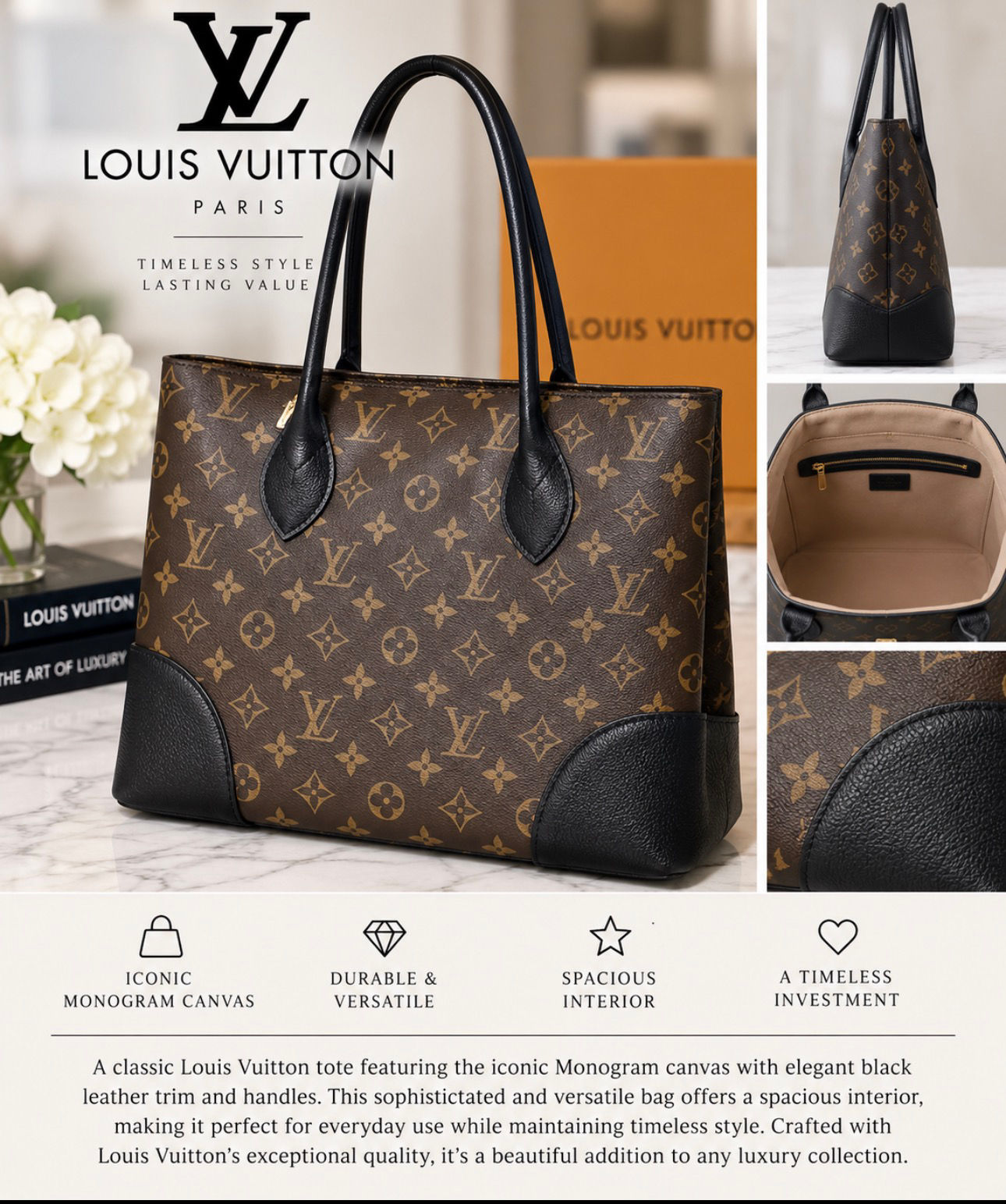 Louis Vuitton Monogram Tote, Black Leather Trim
