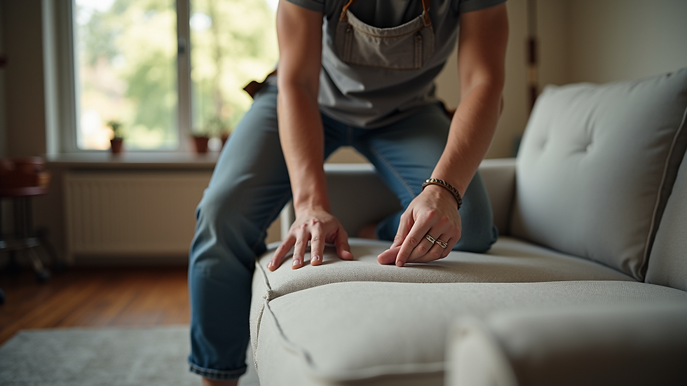Eye-level view of a professional upholsterer working on a sofa in a living room