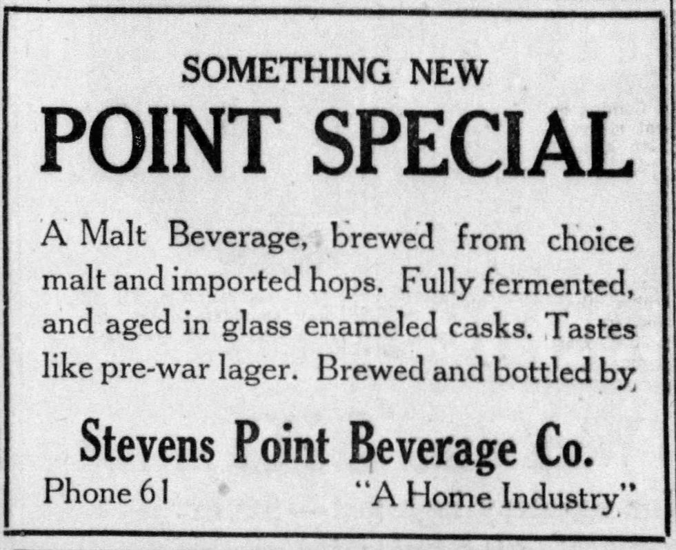 Vintage ad for Point Special malt beverage by Stevens Point Beverage Co. Highlights fermentation, hops, and pre-war lager taste.