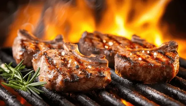 Kuzu pirzola mangalda yakından — kemikli pirzola meşe közünde kızarırken, İbrahiminyeri