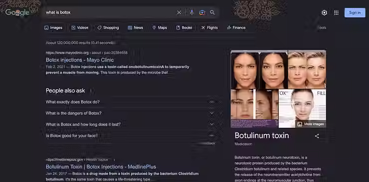 "botox nedir" için arama sonuçlarının ekran görüntüsü. Mayo Clinic'in Botox Enjeksiyonları sayfası ilk sırada, Mayo Clinic'in altında İnsanlar Ayrıca Soruyor bölümü gösteriliyor