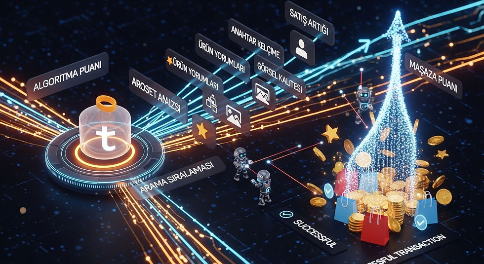 Trendyol Mağaza SEO'sunun kavramsal bir 3D illüstrasyonu; merkezde parlayan Trendyol logosu, 'ANAHTAR KELİMELER' ve 'ALGORİTMA PUANI' veri sarmalını yayarken, küçük robotlar yüksek teknolojili bir pazar yeri ekosisteminde satış büyümesini ve mağaza puanlarını artırmak için rakip analizi yapıyor.