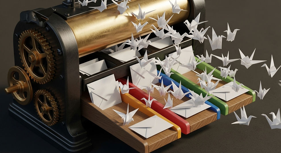 E-posta pazarlamasında hedef kitle segmentasyonunu ve otomatik mail gönderimlerini temsil eden, zarfları farklı kategorilere ayırarak kağıttan kuşlara dönüştüren 3 boyutlu mekanik ayırma makinesi illüstrasyonu.