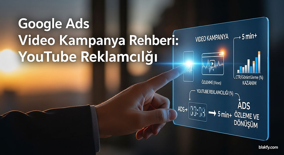 Google Ads video kampanya rehberi ve YouTube reklamcılığı stratejilerini gösteren modern arayüz, el ve blakfy.com filigranı