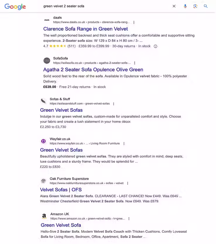 Google arama sonucu yeşil kadife kanepe