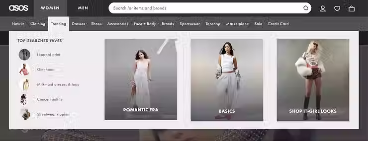 ASOS trending kategori menü