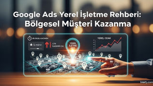 Google Ads yerel işletme rehberi ve bölgesel müşteri kazanımı stratejilerini gösteren modern 3D harita arayüzü, el ve blakfy.com filigranı