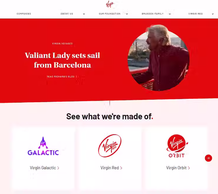Virgin.com ana sayfası Virgin Galactic Virgin Red Virgin Orbit linkler