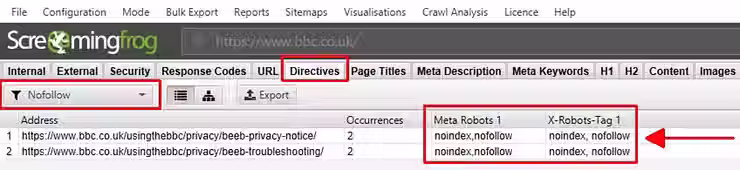 Screaming Frog tarama aracı noindex ve nofollow etiketleri filtre seçenekleri direktifler sekmesi sayfa durumu raporu
