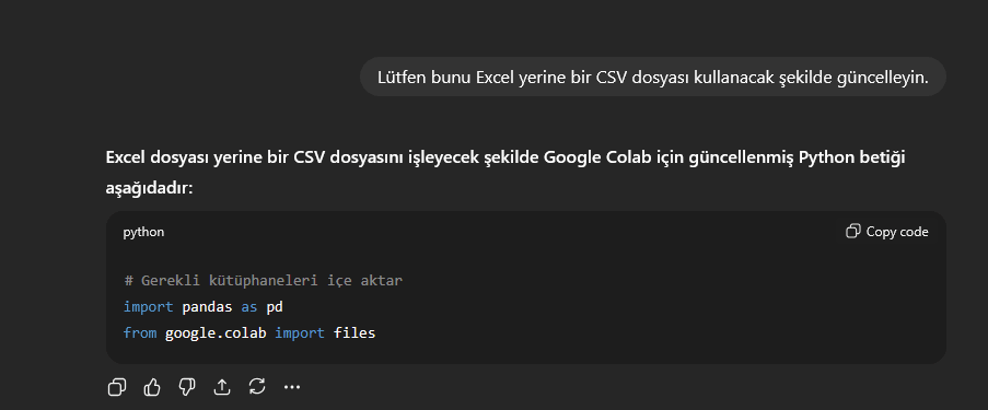 Google Colab'da CSV dosyalarını kullanmak için gri arka planda mor metinle yorumlar ve içe aktarma ifadeleri içeren bir kutuda Python kodu