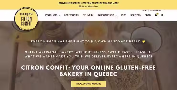 Citron Confit glutensiz fırın ana sayfa hero banner H1 Québec'te çevrimiçi glutensiz fırınınız