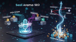 Merkezi bir ses dalgası ve mikrofon ikonundan çıkan "Doğal Dil İşleme", "Sıfırıncı Sıra" ve "Soru-Cevap Yapısı" veri akışlarının, sesli arama sorguları için web sitesi görünürlüğünü nasıl artırdığını simgeleyen 3 boyutlu modern teknik SEO illüstrasyonu.