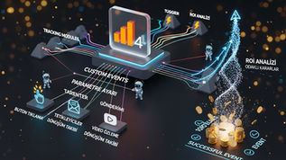 Google Analytics 4 (GA4) logosu merkezli bir analitik panelden çıkan "Buton Tıklama", "Form Gönderimi" ve "Özel Etkinlikler" veri akışlarının, parametre ayarları ve tetikleyicilerle nasıl dönüşüm takibi sağladığını simgeleyen 3 boyutlu modern teknik pazarlama illüstrasyonu.