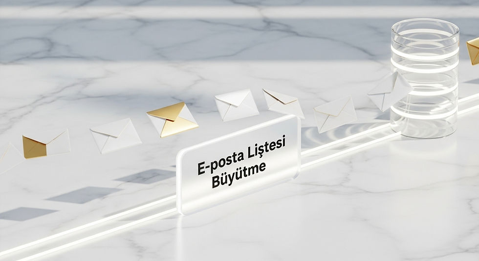 Üzerinde "E-posta Listesi Büyütme" yazan, ziyaretçileri rahatsız etmeden güven ve değer odaklı pürüzsüz bir abone kazanma deneyimini temsil eden 3 boyutlu minimalist dijital pazarlama illüstrasyonu.