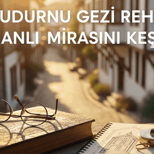 Osmanlı mirasını keşfetmeye dair kavramsal blog kapak fotoğrafı: eski harita, pusula, gezi rehberi ve bulanık Osmanlı evleri