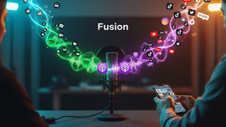 Sosyal medya ve podcast entegrasyonunu temsil eden; bir mikrofondan yayılan ses dalgalarının ve podcast logolarının, bir akıllı telefondan gelen sosyal medya ikonlarıyla birleşip güçlü bir sarmal oluşturmasını gösteren modern konsept görsel.