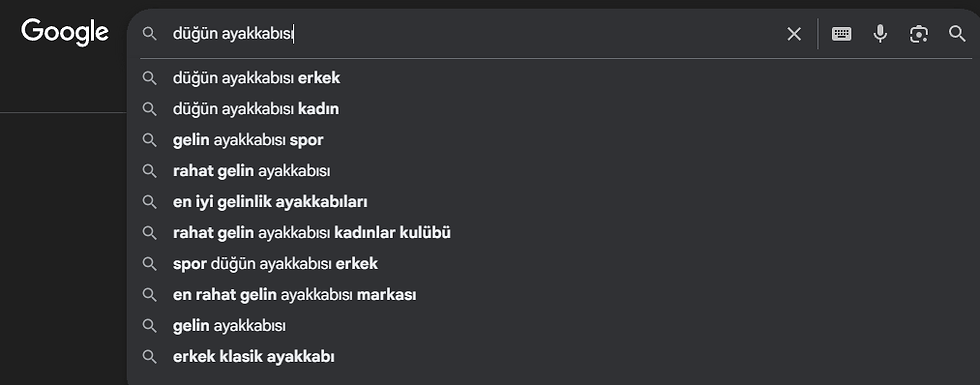 Google otomatik öneri düğün ayakkabısı arama örneği Türkiye