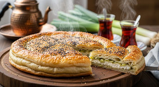 İbrahim'in Yeri mutfağından esinlenen, kış mevsiminin en lezzetli haliyle hazırlanmış, altın sarısı, çıtır çıtır pırasalı ve peynirli börek.