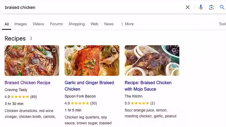 Google braised chicken tarif arama sonuçları ekran görüntüsü