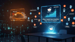 A conceptual photograph illustrating a successful Reddit marketing strategy for brands, showing a stylized Snoo mascot hub with rising 'UPVOTES' and 'Karma' graphs connected to 'BUILDING TRUST AND COMMUNITY' trails leading to 'GENUINE ENGAGEMENT', 'AMA SESSION', and 'SUBREDDIT PARTNERSHIP' data nodes, clearly separating it from a distant blurred 'BAN ZONE'.