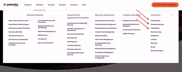 Palo Alto Networks navigasyon menüsü kamu sektörü finans enerji perakende dikey kategori içerik stratejisi siber güvenlik SEO