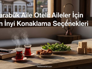 Safranbolu konağı terasında dumanı tüten iki Türk çayı, eski bir yolculuk günlüğü, Karabük lokumu, çocuk oyuncağı ve tarihi Safranbolu evleri manzarası. Üzerinde Türkçe başlık 'Karabük Aile Oteli: Aileler İçin En İyi Konaklama Seçenekleri' yazmaktadır