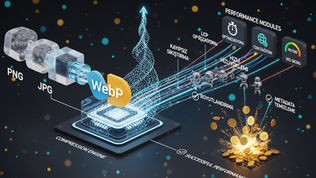 WebP logosu merkezli bir sıkıştırma panelinden çıkan "PNG ve JPG Dönüşümü", "LCP Optimizasyonu" ve "Kayıpsız Sıkıştırma" veri akışlarının, web sitesi yükleme hızını ve SEO performansını nasıl artırdığını simgeleyen 3 boyutlu modern teknik performans illüstrasyonu.