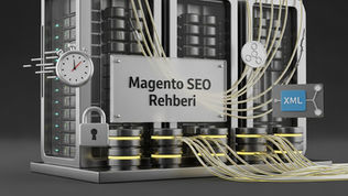 Üzerinde "Magento SEO Rehberi" yazan, e-ticaret siteleri için hız, güvenlik ve site haritası gibi teknik optimizasyon süreçlerini temsil eden 3 boyutlu sunucu mimarisi illüstrasyonu.
