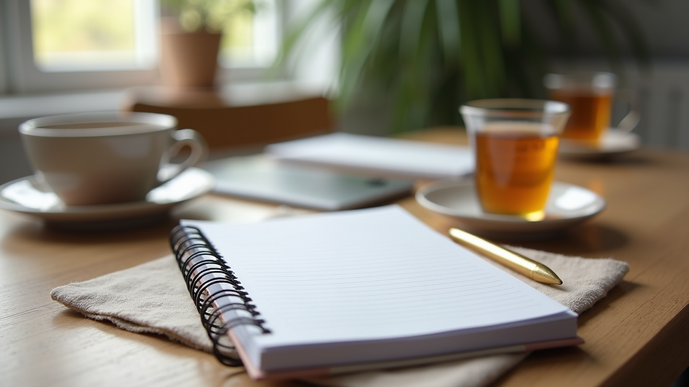 Eye-level view of a cozy workspace with a planner and calming tea