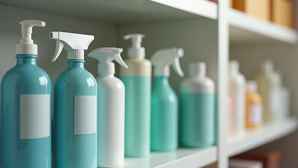 Close-up view of cleaning supplies arranged neatly on a shelf ready for use