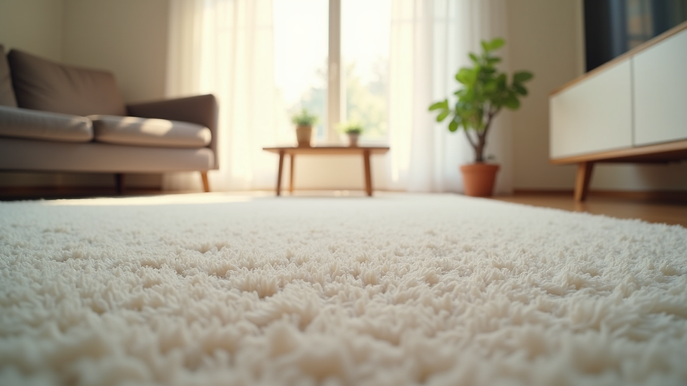 Eye-level view of a freshly cleaned carpet in a bright living room
