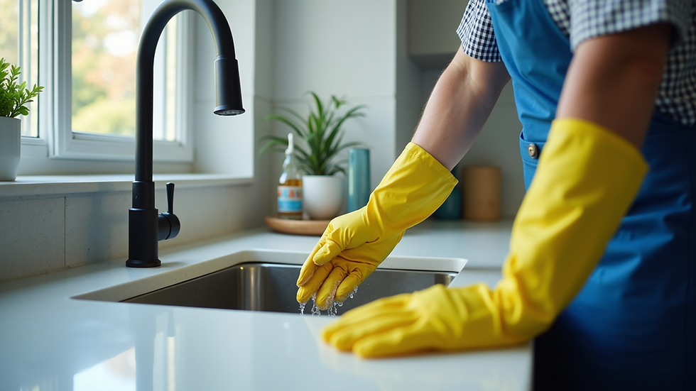 Close-up view of a professional cleaner scrubbing a kitchen sink