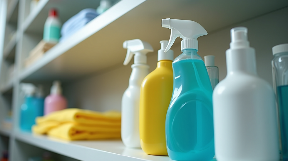 Close-up view of cleaning supplies arranged neatly on a shelf