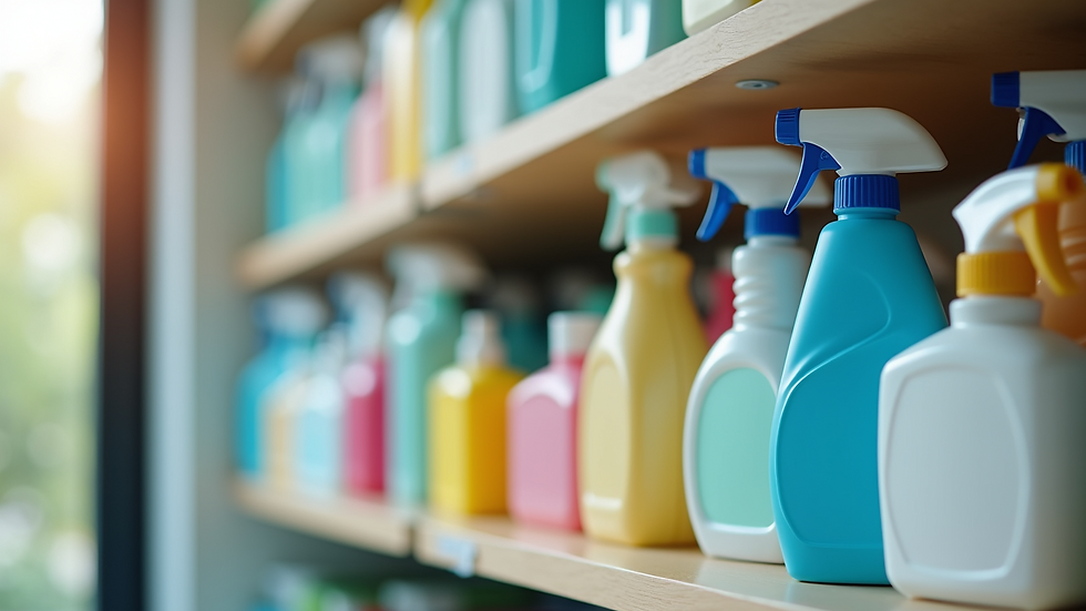 Close-up view of cleaning supplies arranged neatly on a shelf