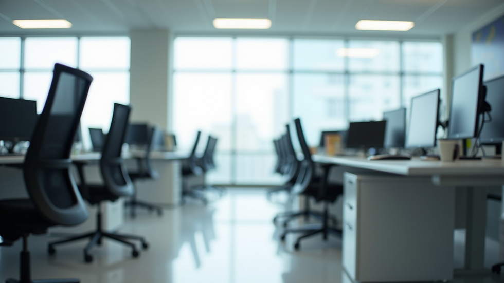 Eye-level view of a clean modern office space with desks and chairs