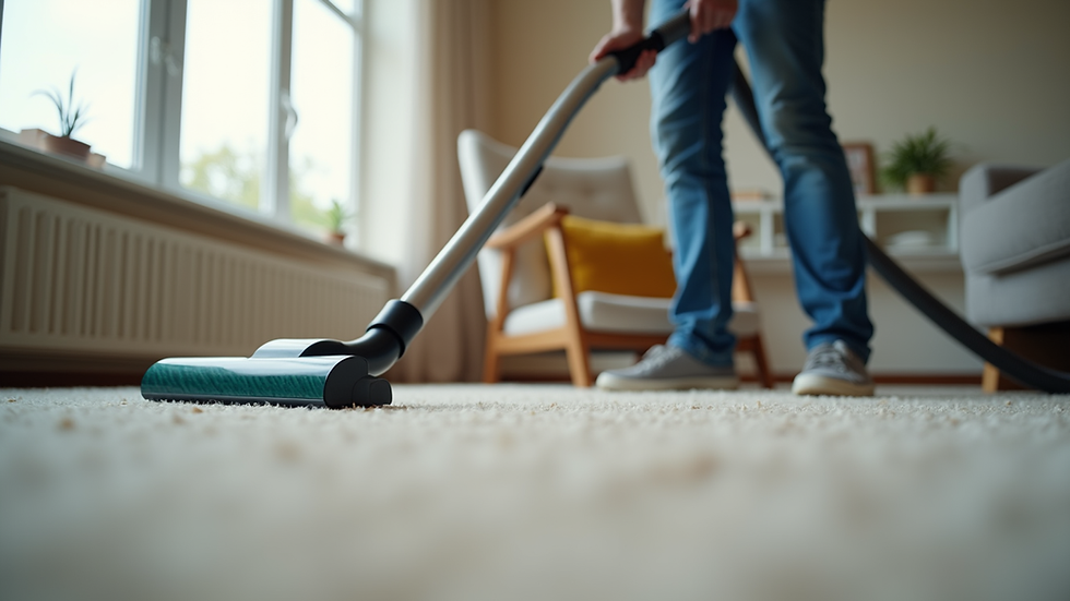 Eye-level view of a cleaning professional vacuuming a carpet in a living room