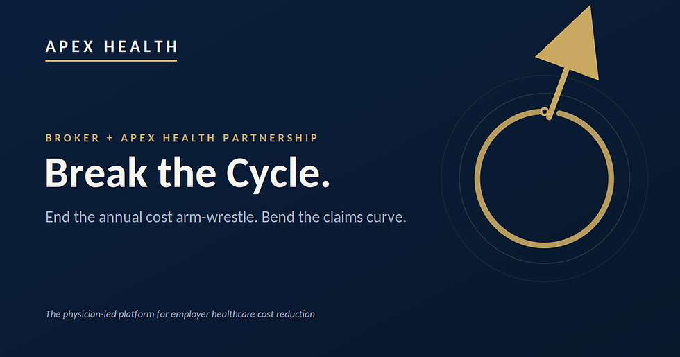 Apex Health "Break the Cycle" graphic — a gold circular loop with an arrow breaking upward out of it, on a navy background, representing breaking the annual employee-benefits renewal cost cycle through broker–Apex partnership.