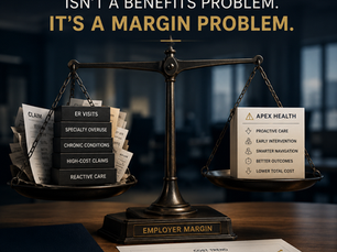 Apex Health branded graphic on a navy background reading "Your healthcare spend isn't a benefits problem. It's a margin problem," with the eyebrow "For self-funded and level-funded employers" and the tagline "The physician-led platform for employer healthcare cost reduction."