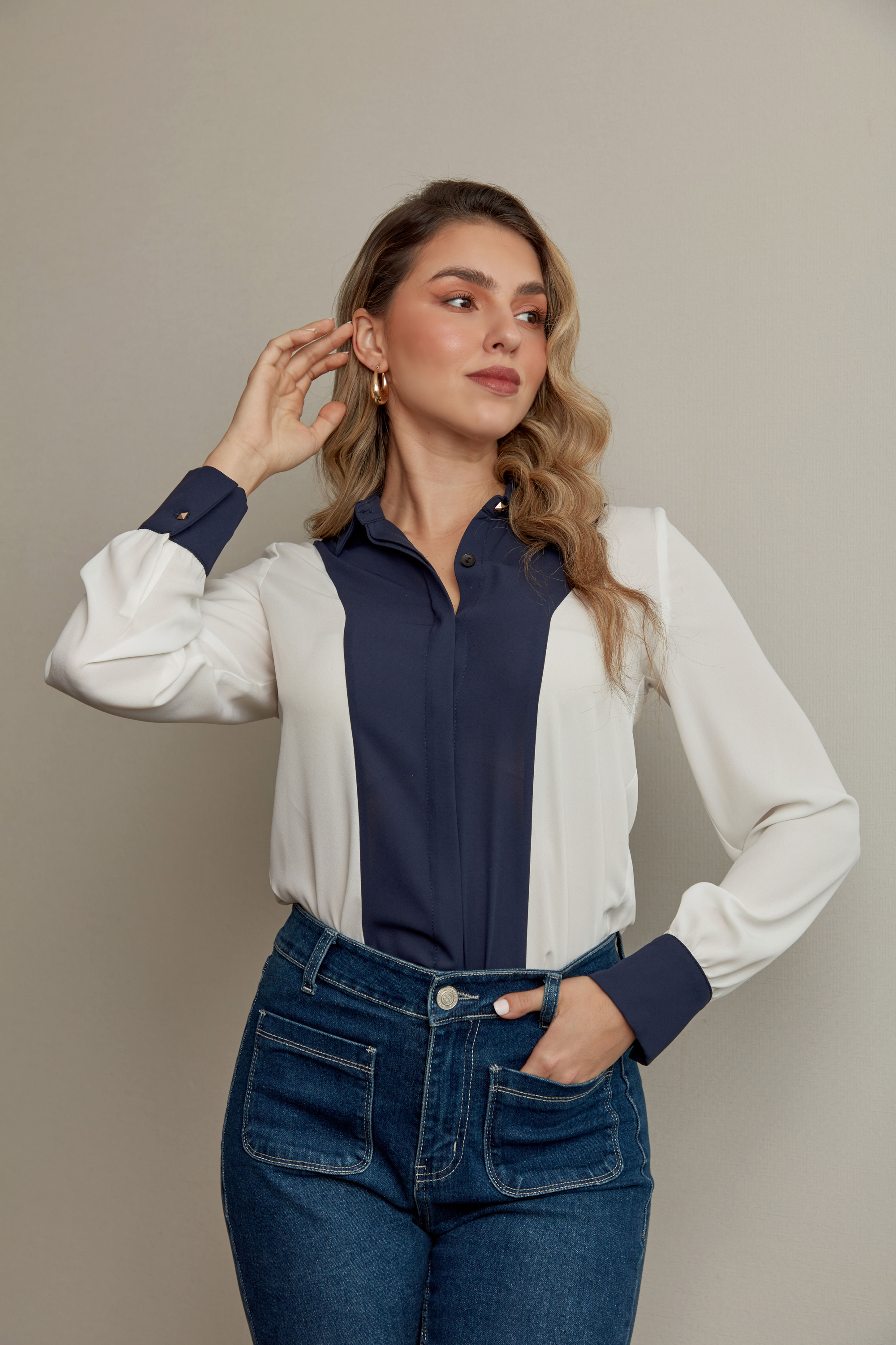 CAMISA BICOLOR AZUL/PERLA