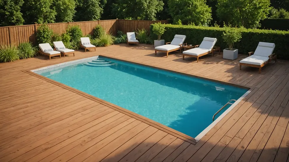 Close-up view of a backyard pool surrounded by a wooden deck