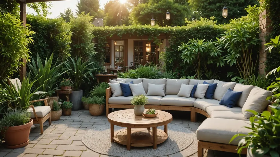 Eye-level view of a cozy outdoor seating area with plants