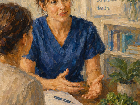 A nurse or nurse practitioner reviewing nutrition notes or a patient education handout with a patient in a calm, supportive clinical or wellness setting.