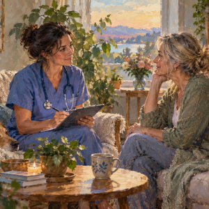 Nurse sitting with a patient and providing health education during a whole-person care visit.