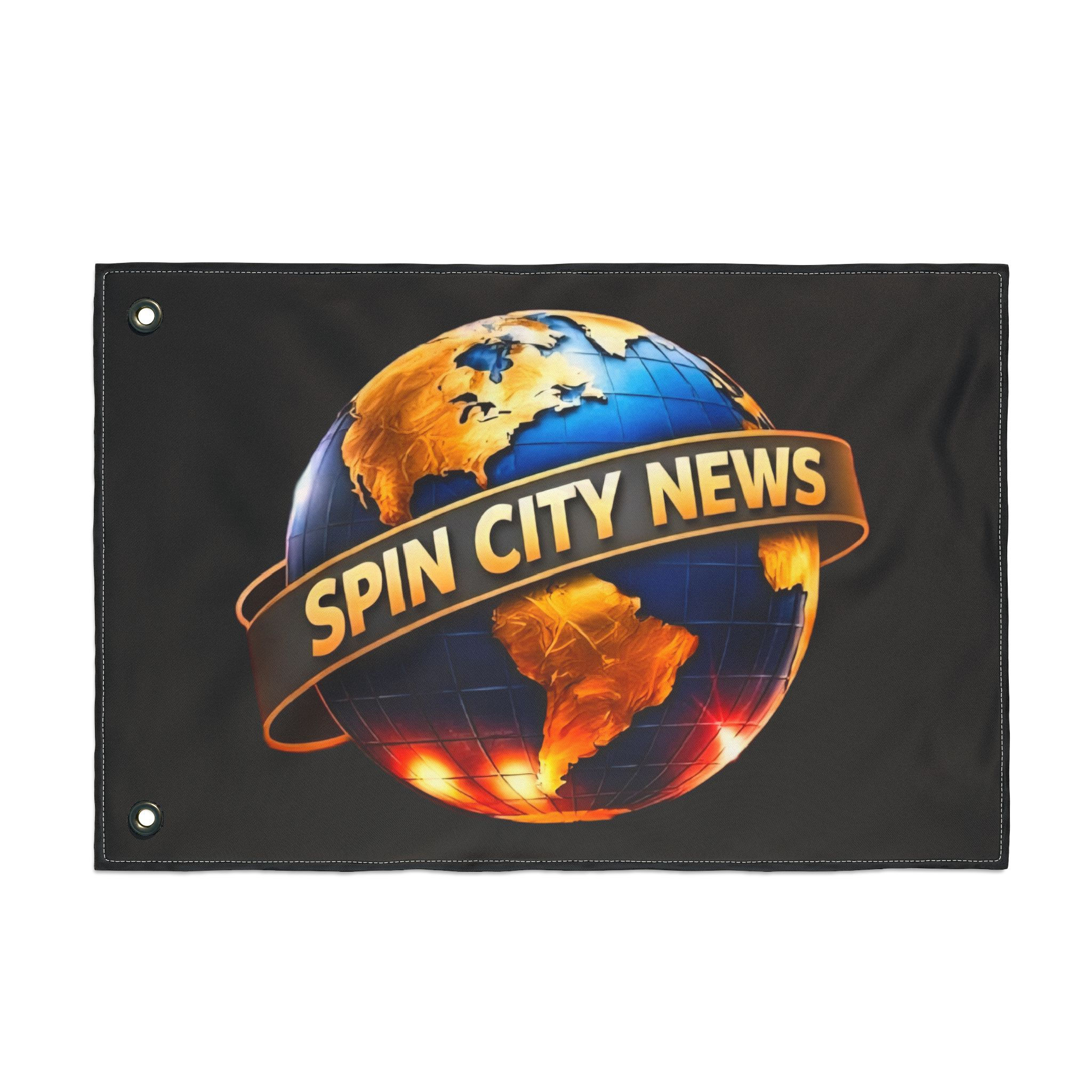 Double-Sided Flag — 'Spin City News' Globe Logo Outdoor Banner