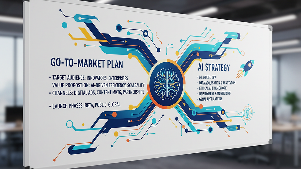Close-up view of a whiteboard with a go-to-market plan and AI strategy notes