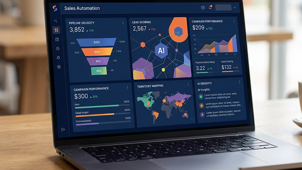 Eye-level view of a laptop screen showing sales automation dashboard