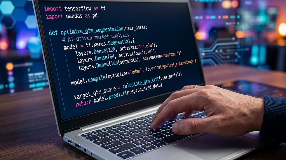 Close-up view of a person typing on a laptop with AI code on screen